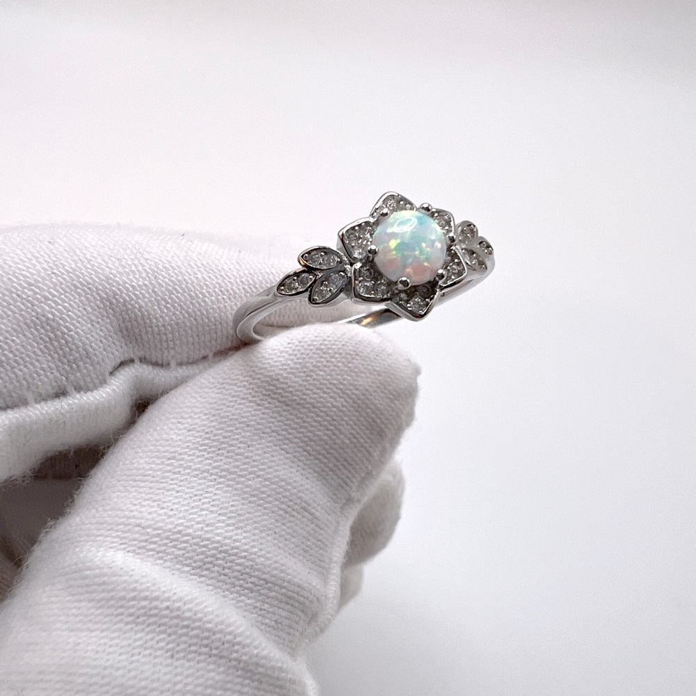 .925 Sterling Silver Lab Created White Opal Floral Ring - Picture 5 of 16